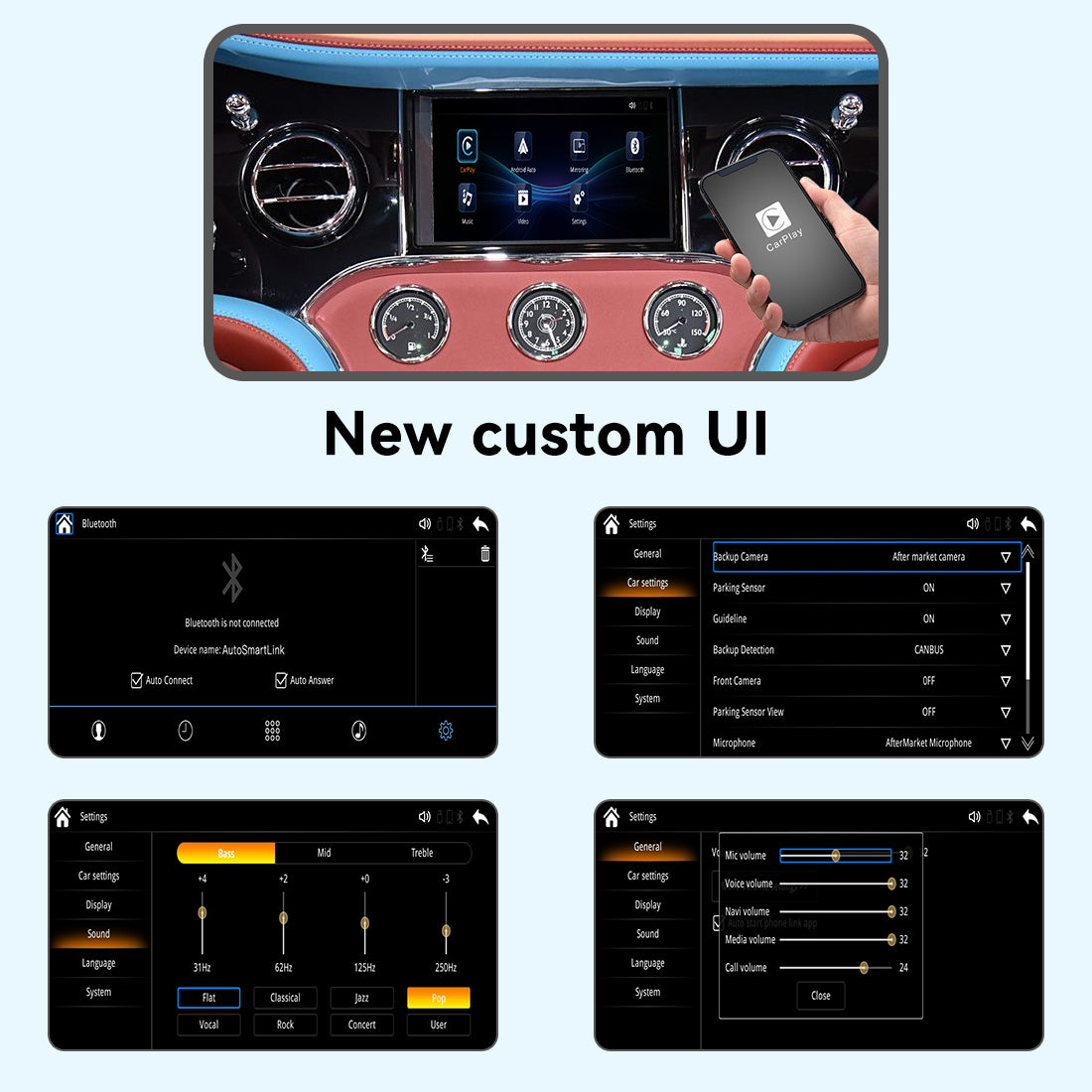 JoyeAuto Bentley Mulsanne interface menus for Bluetooth, camera settings, audio equalizer and volume controls