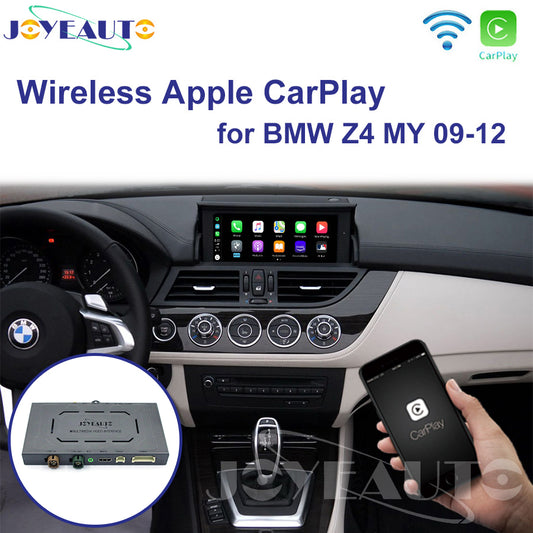 JoyeAuto wireless Apple CarPlay retrofit interface for BMW Z4 E89 CIC 2009-2012, featuring the factory dashboard display, smartphone connectivity, and multimedia interface module