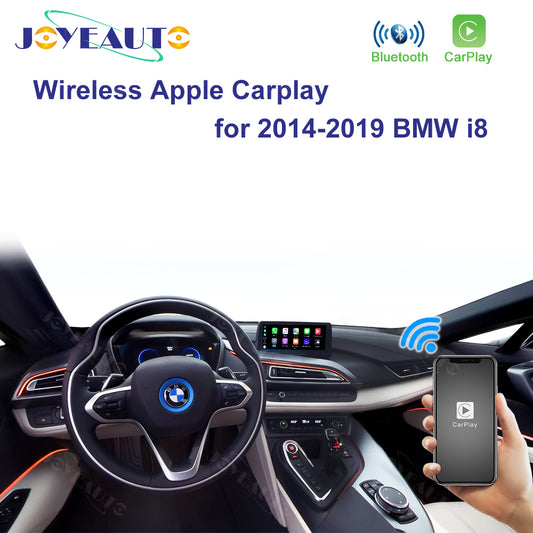 JoyeAuto wireless Apple CarPlay interface for BMW i8 2014-2019 with smartphone connectivity and CarPlay apps displayed on the factory infotainment screen