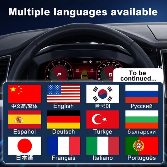Volkswagen Multivan T5 virtual cockpit dashboard featuring multiple language interface options with wireless CarPlay and Android Auto