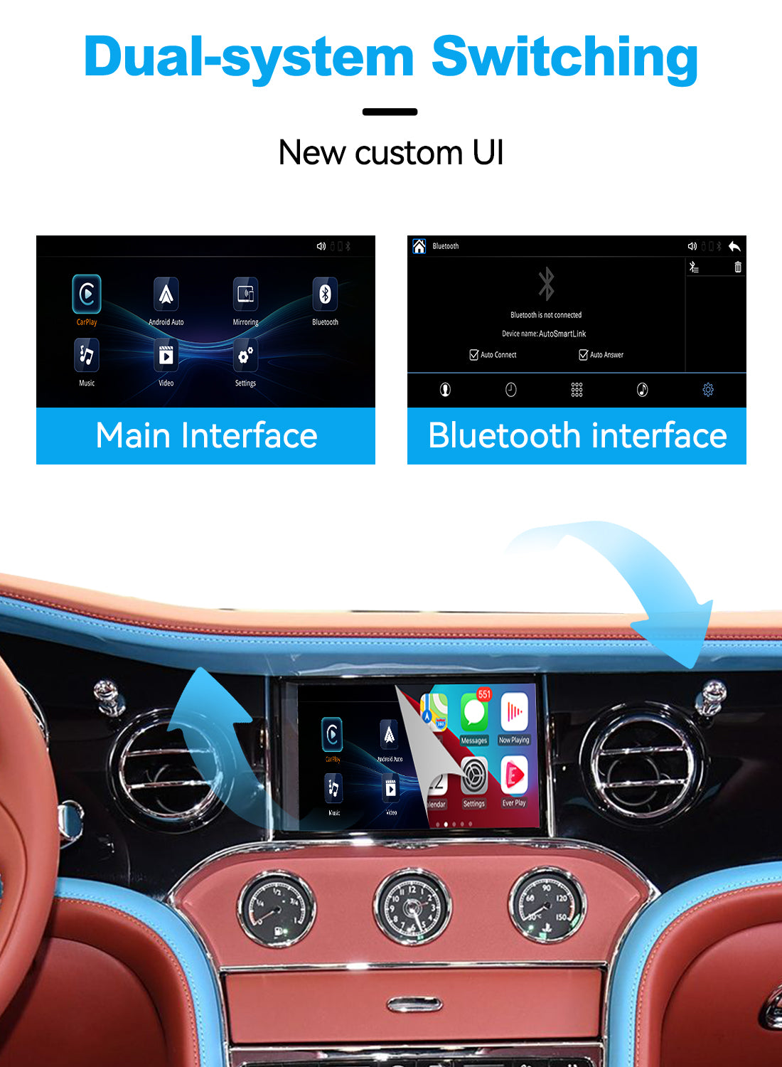 Bentley Mulsanne interface with dual-system switching between the custom multimedia menu and Apple CarPlay