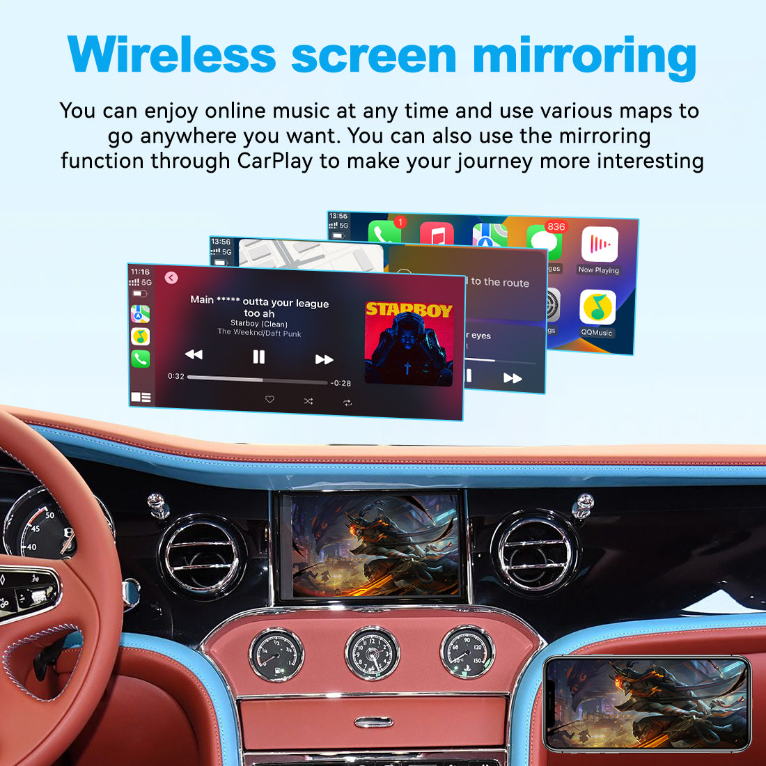Wireless smartphone screen mirroring on the Bentley Mulsanne factory display for mobile media, music and navigation