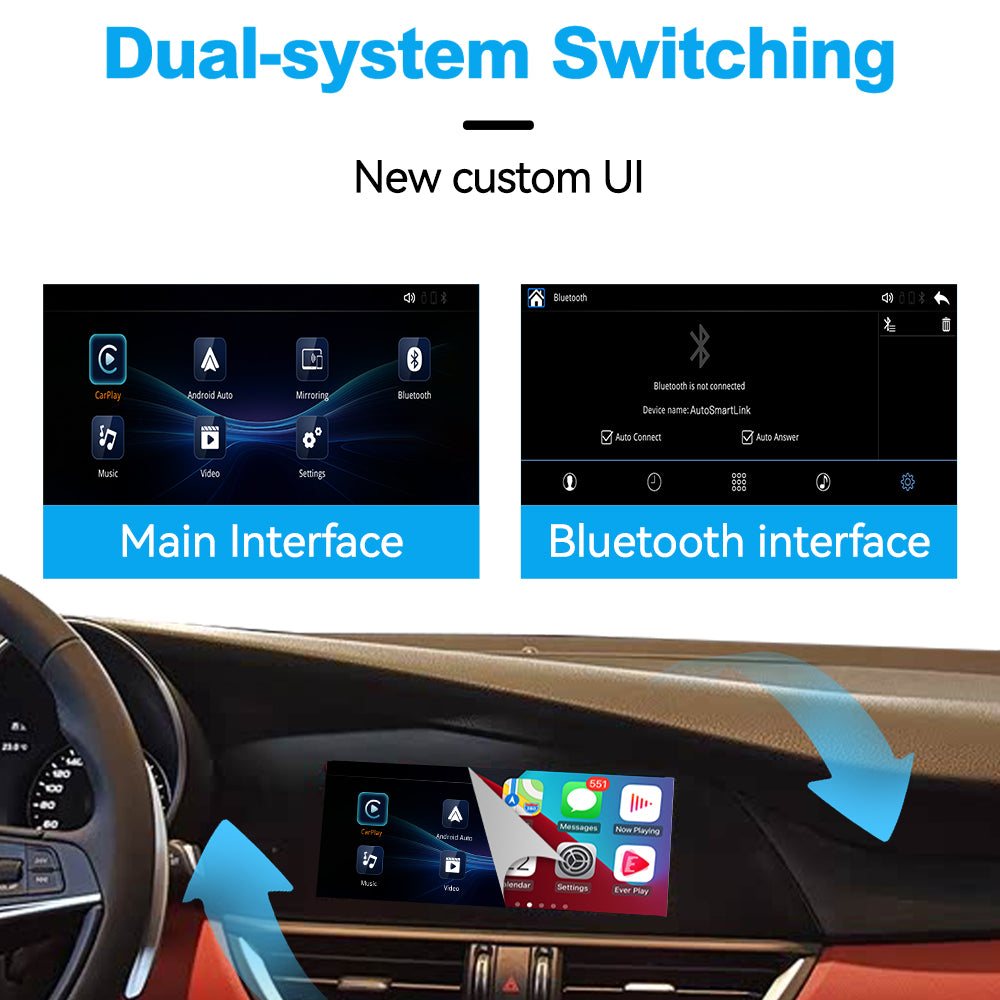 Wireless and wired CarPlay, Android Auto, AirPlay and phone screen mirroring functions for Alfa Romeo Giulia and Stelvio 2017–2019.