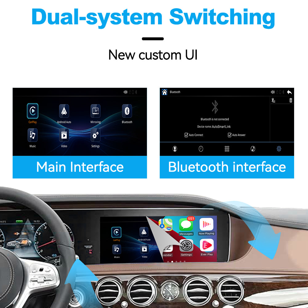 Mercedes-Benz NTG5.5 8-inch infotainment display showing the WJME-7 custom main interface, Bluetooth settings, and switching between the interface and original system