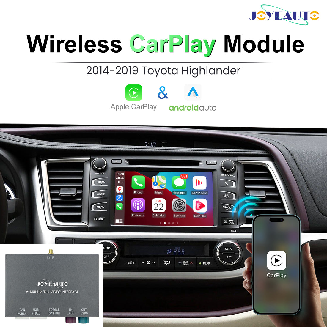 Upgrade 2014 - 2019 Toyota Corolla Highlander Land Cruiser Wireless Apple CarPlay Android Auto Retrofit Module