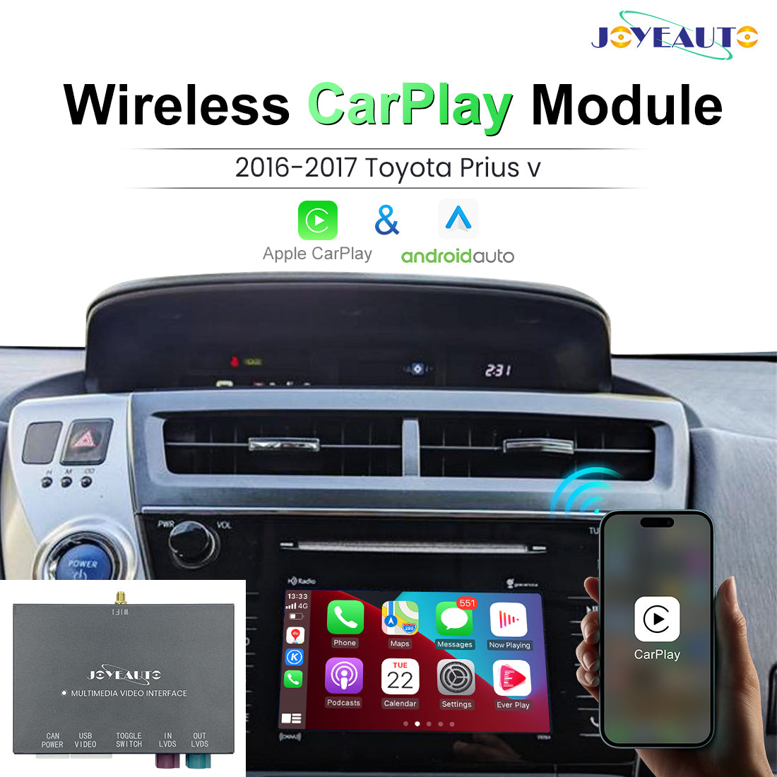 Upgrade 2016 - 2017 Toyota Prius v Wireless Apple CarPlay Android Auto Retrofit Module
