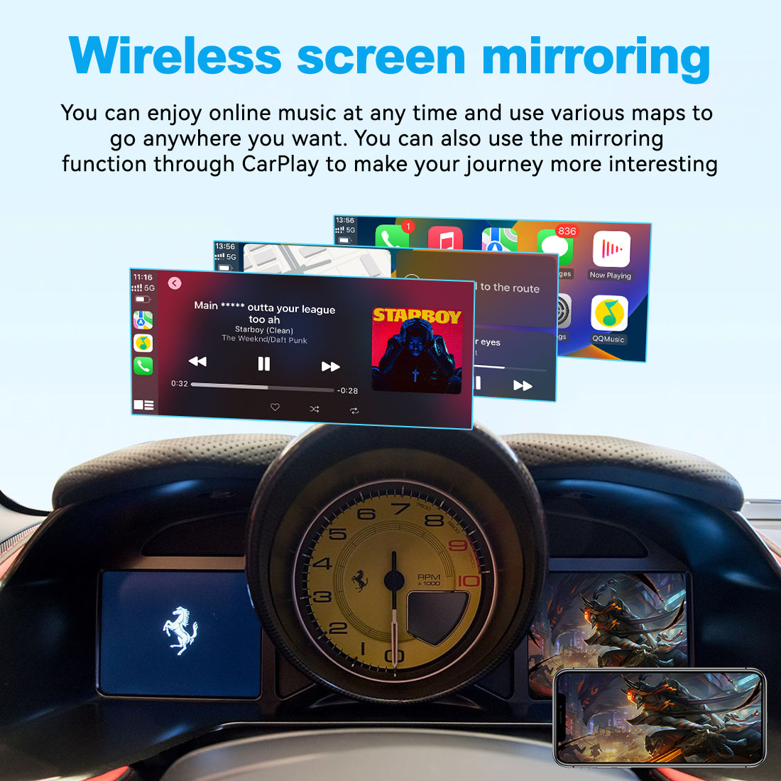 (WZFR-3)JoyeAuto Wireless Apple Carplay AirPlay Android Auto Mirror-Link Interface for Ferrari 488 F12 Plug and Play - detail 9