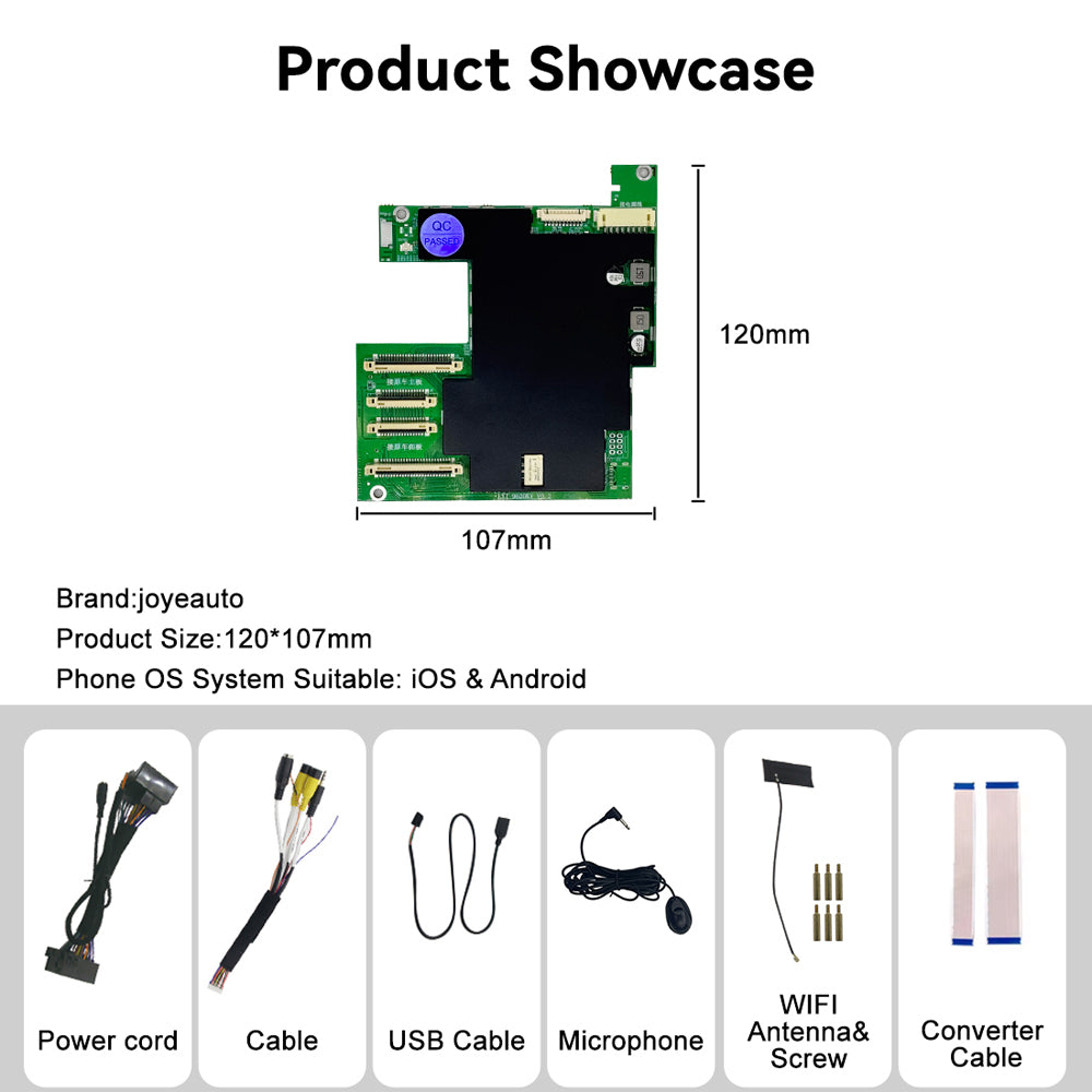 JoyeAuto Porsche PCM 3.1 interface board with power cord, cables, microphone, Wi-Fi antenna and mounting screws