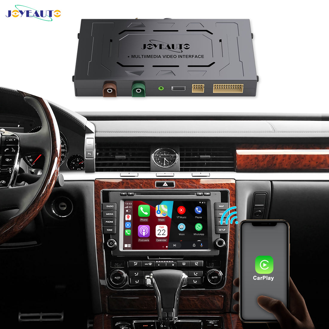 JoyeAuto CarPlay retrofit interface box for Volkswagen Phaeton 2010–2016, displaying the multimedia module, factory infotainment screen with Apple CarPlay apps and wireless iPhone connection.