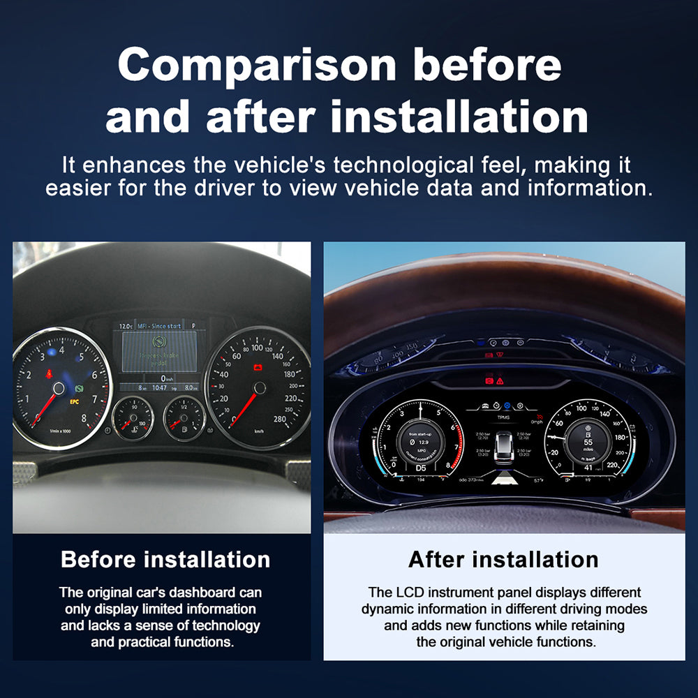 MMB LCD digital instrument cluster with adjustable day and night brightness modes for Volkswagen Touareg 2003–2010.