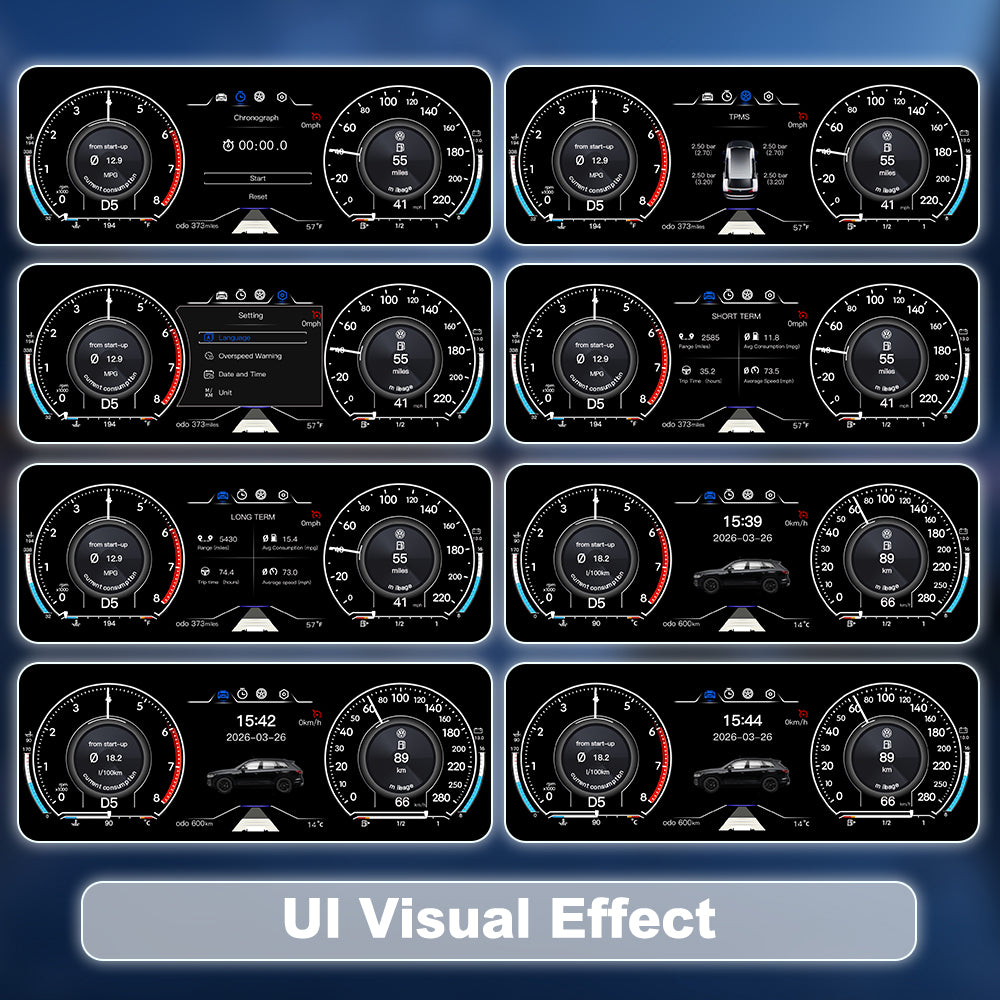 MMB Volkswagen Touareg LCD instrument cluster with multiple language options including English, Spanish, German, French and Italian.