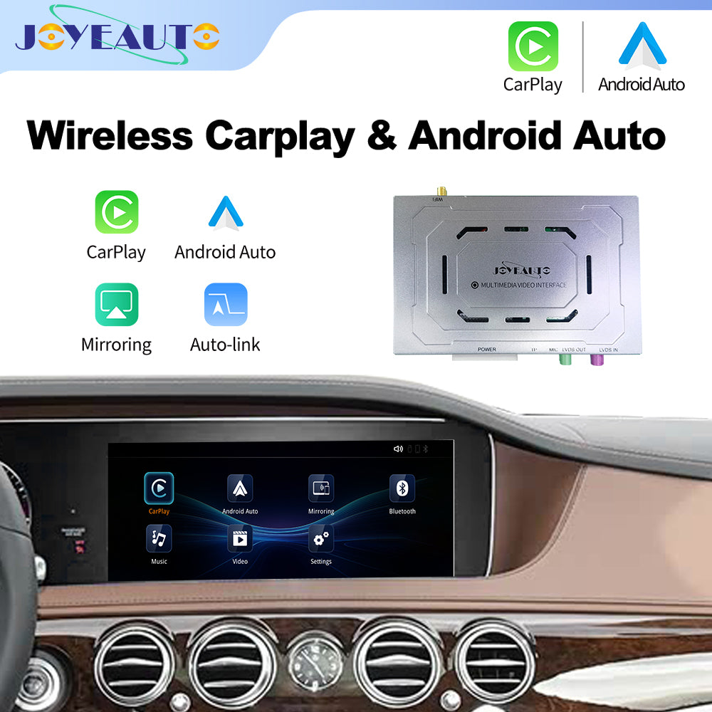 JoyeAuto WJME-7 multimedia interface module for Mercedes-Benz NTG5.5 8-inch systems with Apple CarPlay, Android Auto, AirPlay, and Autolink features