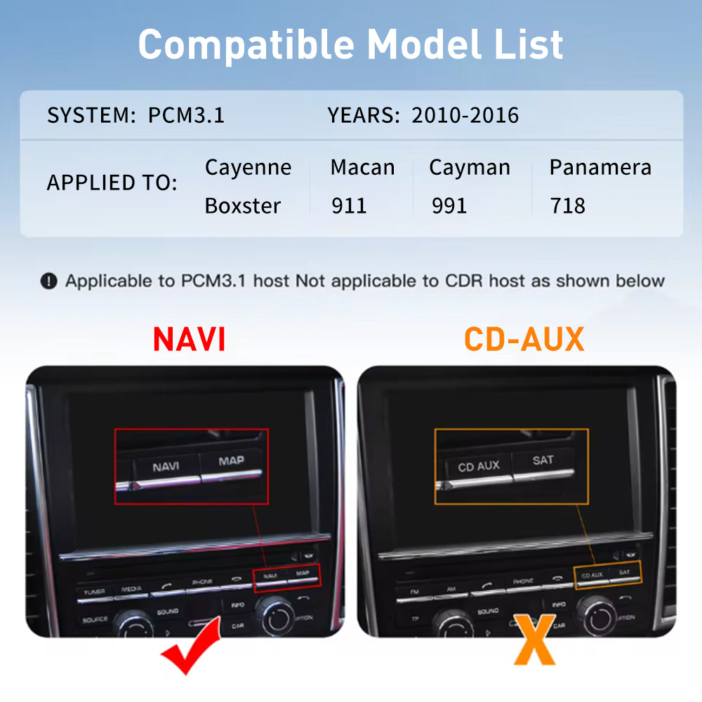 Compatibility guide for 2010–2016 Porsche Cayenne, Macan, Cayman, Panamera, Boxster, 911, 991 and 718 with PCM 3.1 navigation