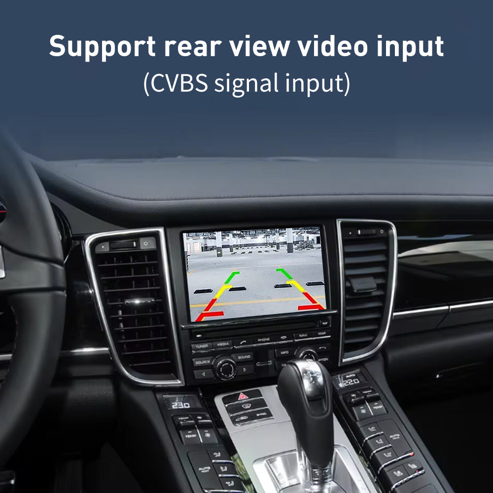 Porsche PCM 3.1 interface displaying a rear view camera through CVBS video input