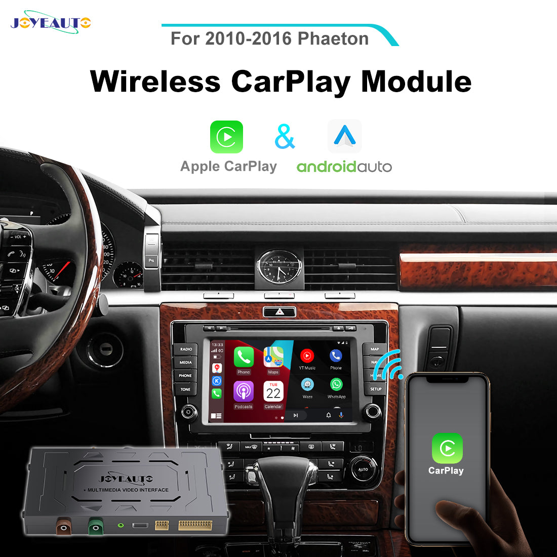 JoyeAuto wireless Apple CarPlay and Android Auto retrofit module for Volkswagen Phaeton 2010–2016, showing the factory dashboard, original screen with CarPlay apps, wireless smartphone connection and multimedia interface box.