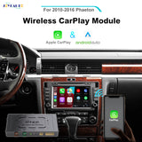 JoyeAuto wireless Apple CarPlay and Android Auto retrofit module for Volkswagen Phaeton 2010–2016, showing the factory dashboard, original screen with CarPlay apps, wireless smartphone connection and multimedia interface box.