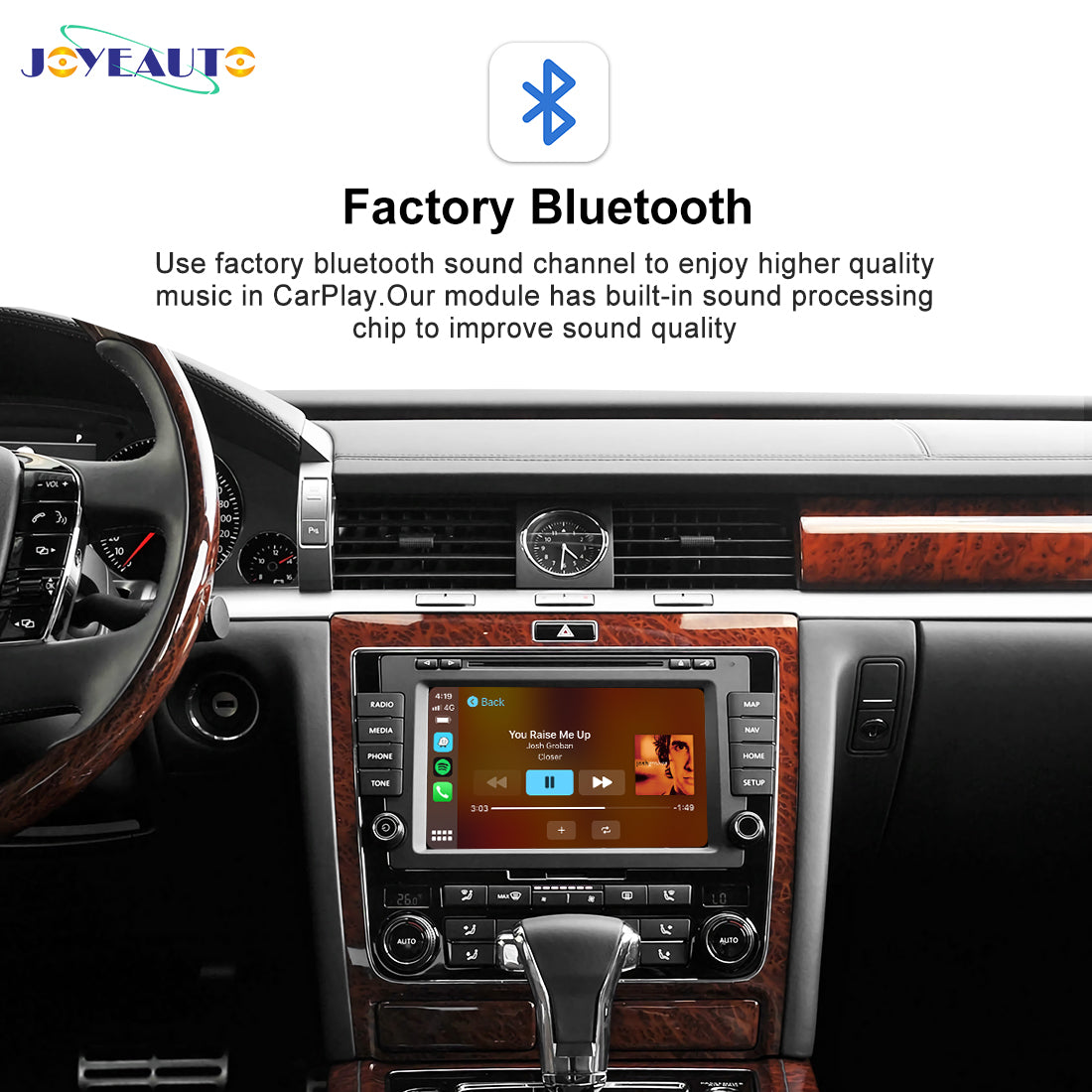 JoyeAuto Volkswagen Phaeton CarPlay retrofit showing music playback on the original factory display, with factory Bluetooth audio integration and an in-car music control interface.