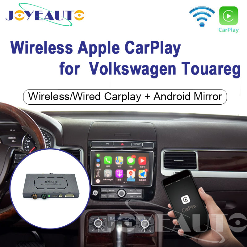 JoyeAuto wireless Apple CarPlay retrofit module for Volkswagen Touareg, showing CarPlay apps on the original factory dashboard screen, smartphone connection and multimedia interface box.