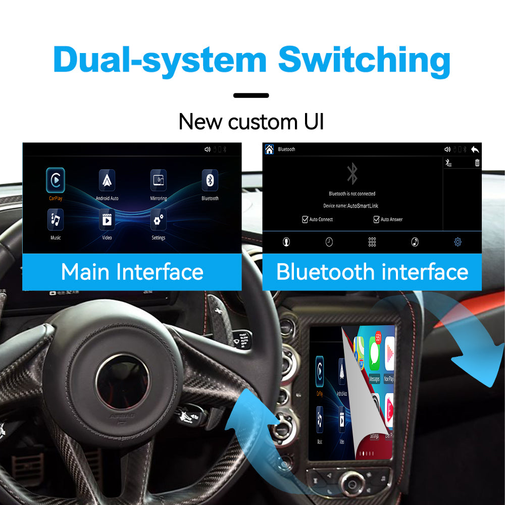 McLaren 720S infotainment display switching between the custom CarPlay and Bluetooth interfacesinterfaces