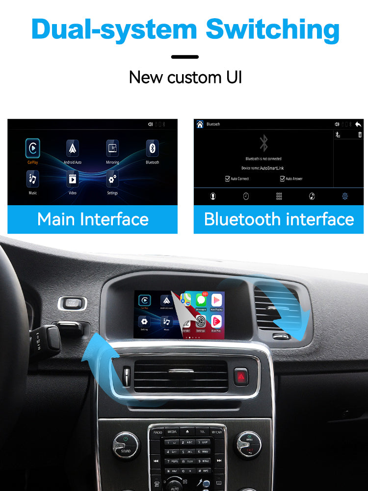 Volvo infotainment display switching between the original system and custom CarPlay interface