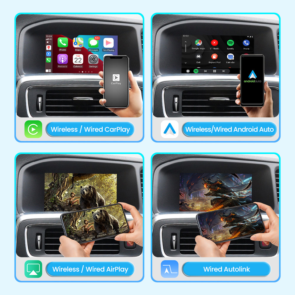 Wireless CarPlay and Android Auto multimedia interface module installed in a Volvo factory display