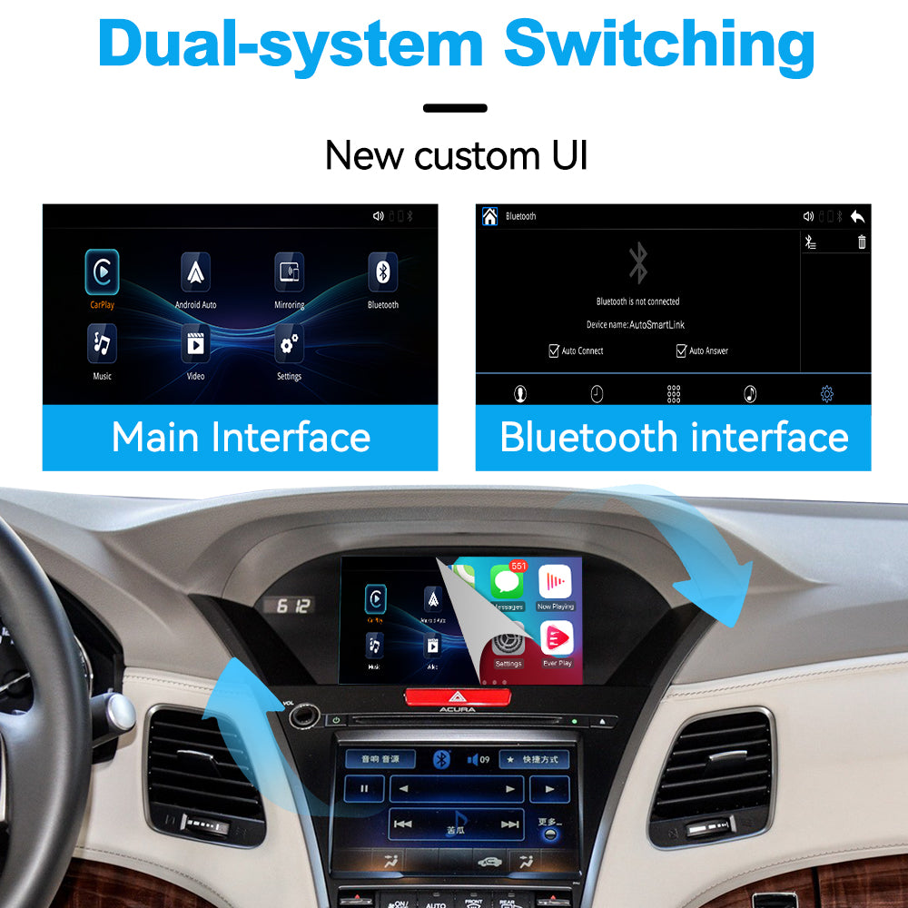 Acura infotainment display switching between the custom CarPlay and Bluetooth interfaces