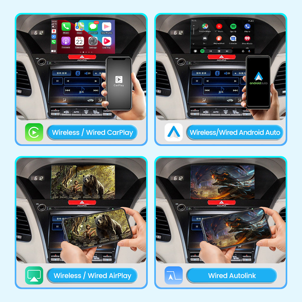 Acura multimedia interface supporting wired and wireless CarPlay, Android Auto, AirPlay and AutoLink