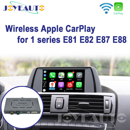 JoyeAuto wireless Apple CarPlay retrofit interface for BMW 1 Series E81 E82 E87 E88 CIC 2008-2012, featuring the original factory dashboard display and multimedia interface module