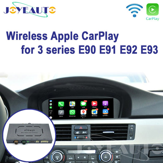 JoyeAuto wireless Apple CarPlay retrofit interface for BMW 3 Series E90 E91 E92 E93 CIC 2008-2012, featuring the original factory infotainment display and multimedia interface module