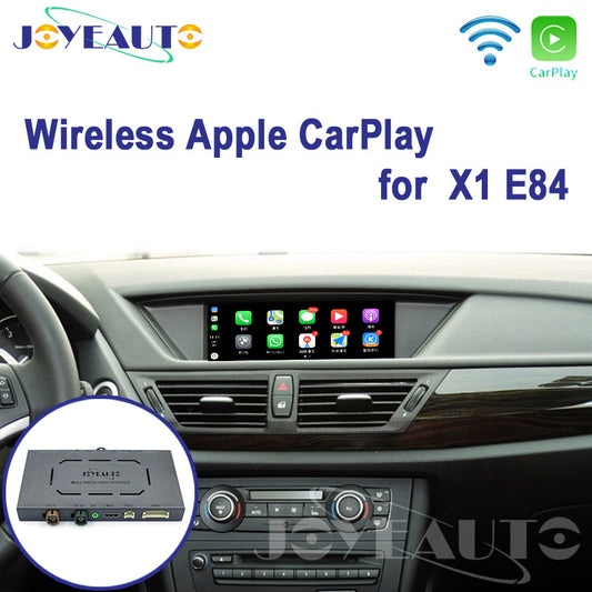 JoyeAuto wireless Apple CarPlay retrofit interface for BMW X1 E84 CIC 2008-2012, featuring the original factory infotainment screen and multimedia interface module