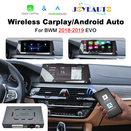 JoyeAuto wireless CarPlay and Android Auto retrofit interface for compatible 2018-2019 BMW EVO systems, featuring the factory infotainment display, smartphone connectivity, and multimedia interface module