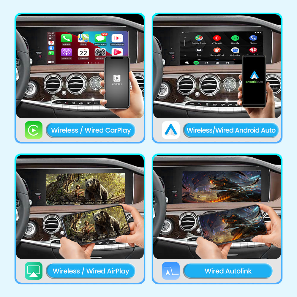 Mercedes-Benz WJME-7 interface feature comparison showing wireless and wired Apple CarPlay, Android Auto, AirPlay screen mirroring, and wired Autolink