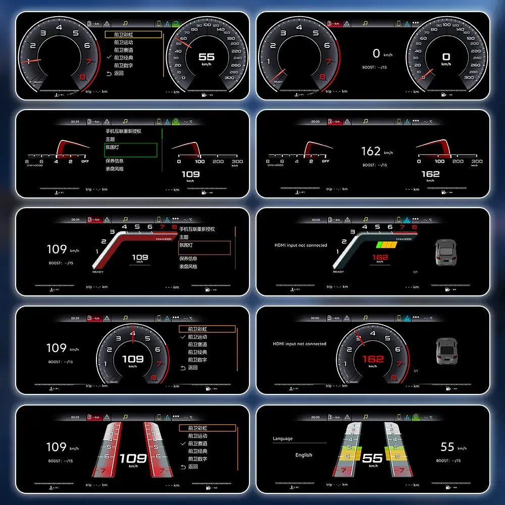Joyeauto 12.3-inch Linux digital instrument cluster for Audi A3 (2014-2022), showcasing multiple customizable virtual cockpit display themes, driving information layouts, wireless CarPlay, Android Auto, and advanced digital dashboard functionality.