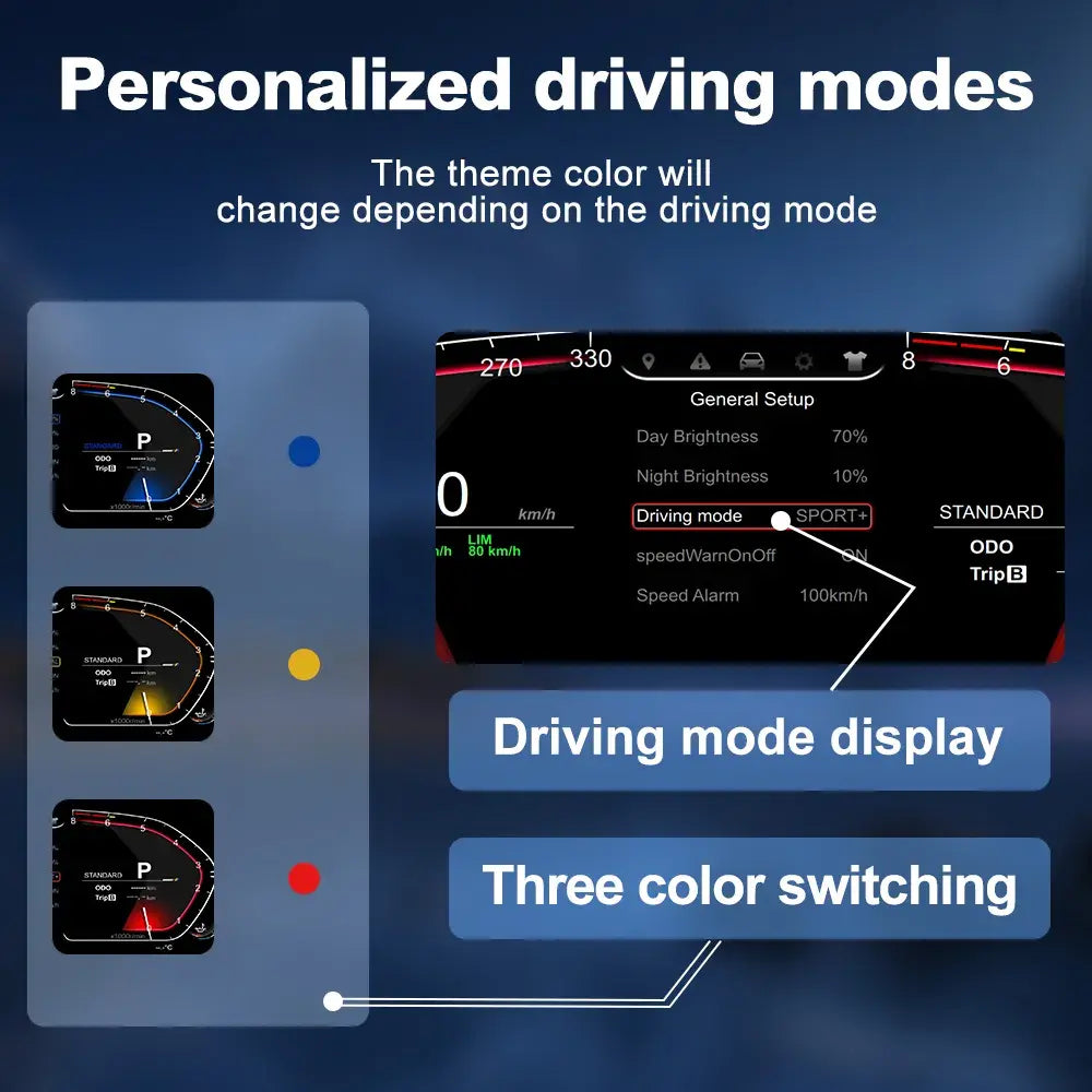 Joyeauto 12.3-inch Linux LCD digital instrument cluster for BMW 5 Series F10 F11 F07, 6 Series F12 F13, 7 Series F01 F02 F03 F04, and X3 X4 X5 X6 models, featuring personalized driving modes, automatic theme color switching, customizable virtual cockpit display, wireless CarPlay, and phone mirroring.