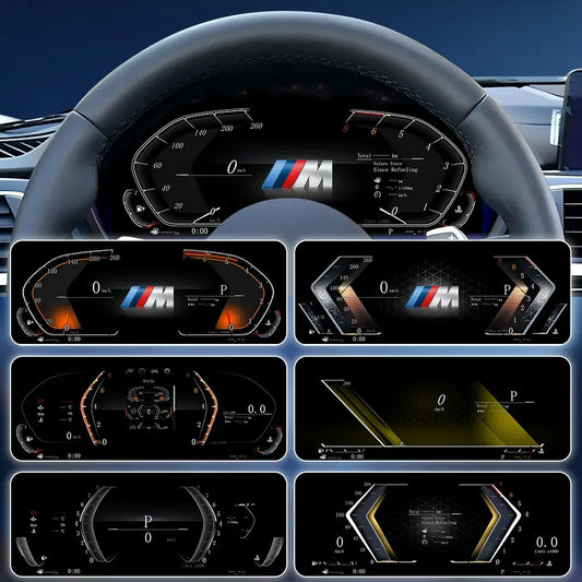 Joyeauto 12.3-inch Linux LCD digital instrument cluster for BMW 3 Series F30 F31 F34 and 4 Series F32 F33 F36, showcasing multiple customizable virtual cockpit display themes with wireless CarPlay, phone mirroring, and digital dashboard functionality.