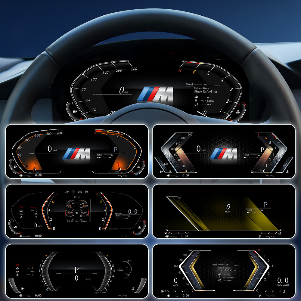 Joyeauto Wireless CarPlay LCD Instrument Cluster for BMW 5 Series E60 E61 and X5 E70 2003-2013 featuring multiple customizable UI themes, Linux system digital dashboard and virtual cockpit display