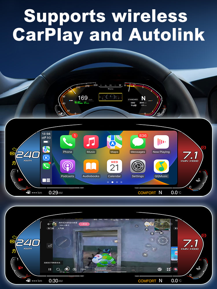Joyeauto Wireless CarPlay LCD Instrument Cluster for BMW 5 Series E60 E61 and X5 E70 2003-2013 displaying Wireless CarPlay, Autolink screen mirroring, multimedia apps and Linux system digital dashboard