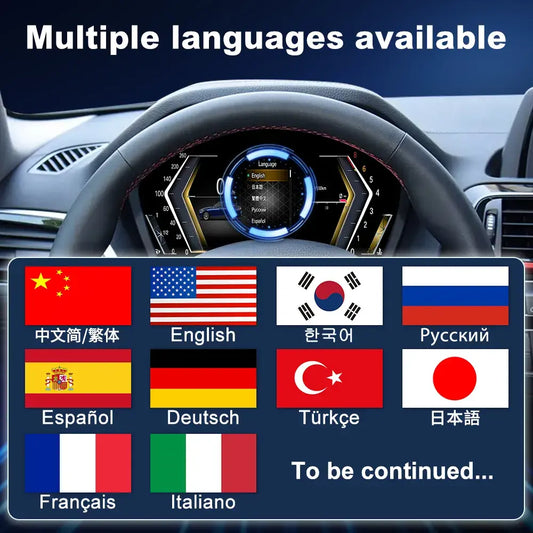 Joyeauto 10-inch Linux LCD Digital Instrument Cluster for BMW 1 Series F20/F52, BMW 2 Series F22/F45, BMW X1 F48 and BMW X2 F39 (2013-2022) featuring multi-language support including English, German, French, Italian, Spanish, Japanese, Korean, Russian and Chinese, with Wireless CarPlay, phone mirroring and Linux virtual cockpit retrofit functionality.