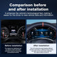 Before and after installation comparison of Joyeauto 12.3-inch Linux LCD Digital Instrument Cluster for Mercedes-Benz A-Class W176, CLA C117 and GLA X156 (2012-2019), showcasing the upgrade from the factory dashboard to a Wireless CarPlay, Android Auto and virtual cockpit display.