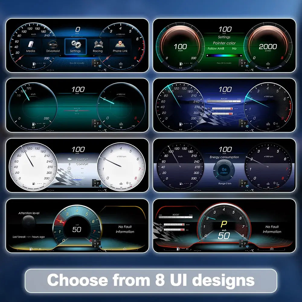 Joyeauto Wireless CarPlay LCD Instrument Cluster for Mercedes-Benz W205 C-Class and GLC X253 featuring 8 customizable UI themes, digital dashboard upgrade and virtual cockpit display