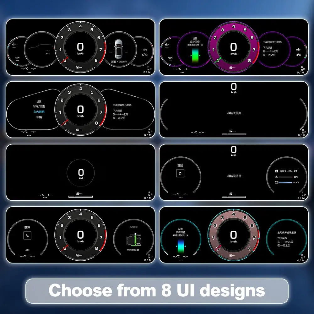 Joyeauto 12.3-inch Linux LCD Digital Instrument Cluster for Porsche Cayenne 955 (2002-2010) showcasing 8 customizable UI display themes, including classic gauges, sport layouts and modern digital cockpit designs, with Wireless CarPlay, Android Auto and Linux virtual cockpit retrofit.