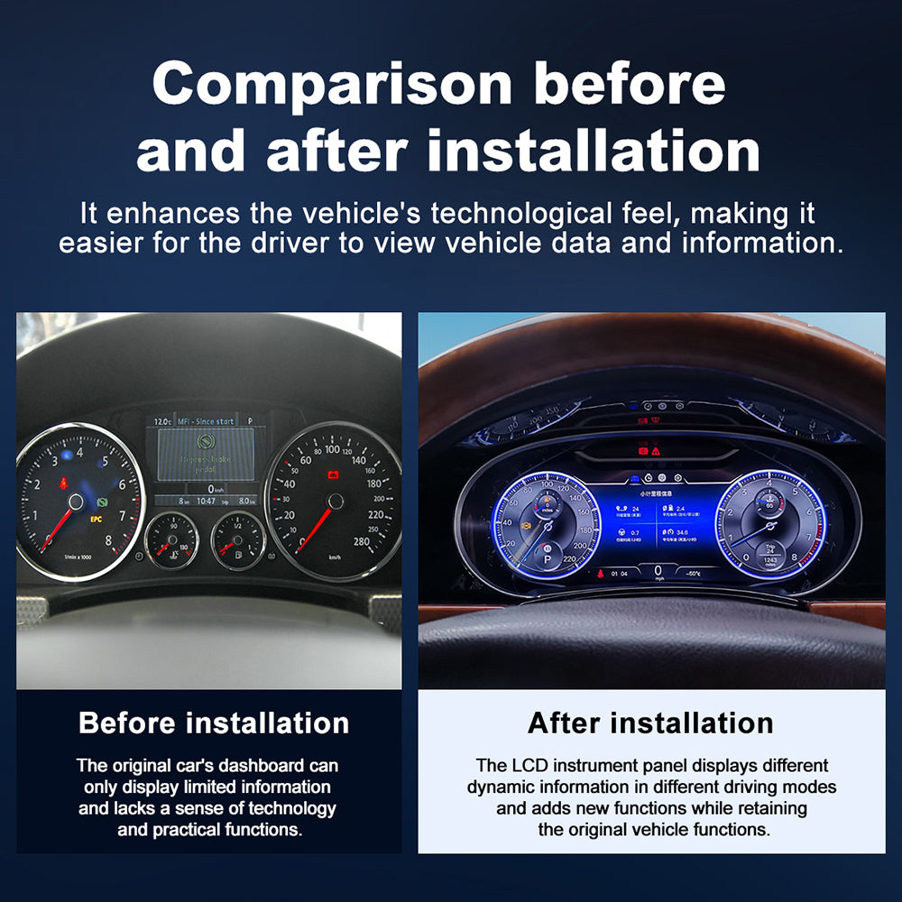 Before and after installation comparison of Joyeauto Premium Digital Cluster for VW Touareg 7L 2003-2010 showing upgraded digital cockpit display with Linux system and Wireless CarPlay functionality
