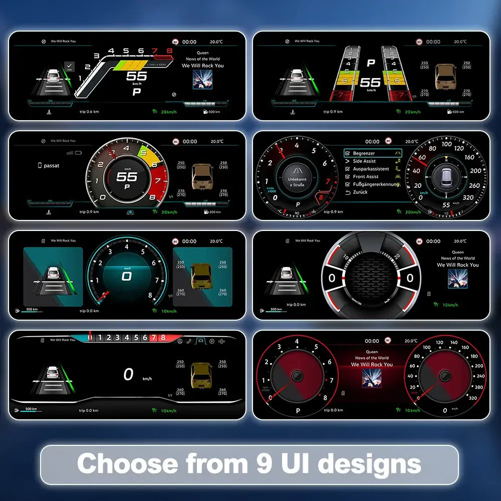 Joyeauto 10-inch Linux LCD digital instrument cluster featuring 9 customizable UI display themes for Skoda Fabia 2008-2014